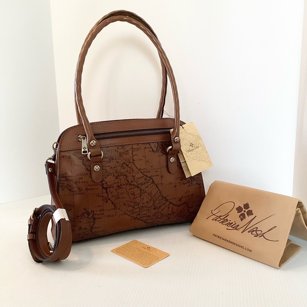 Patricia Nash Calvi Leather Satchel Bag Signature Map Riot Rust Brown NWT $249